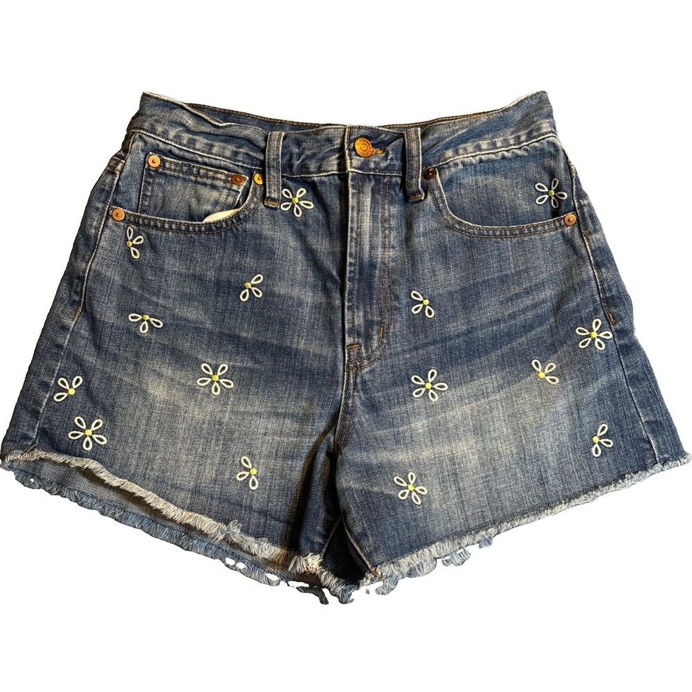 Madewell Women's Blue Jean Shorts Embroidered Daisies Raw Hem Size 28